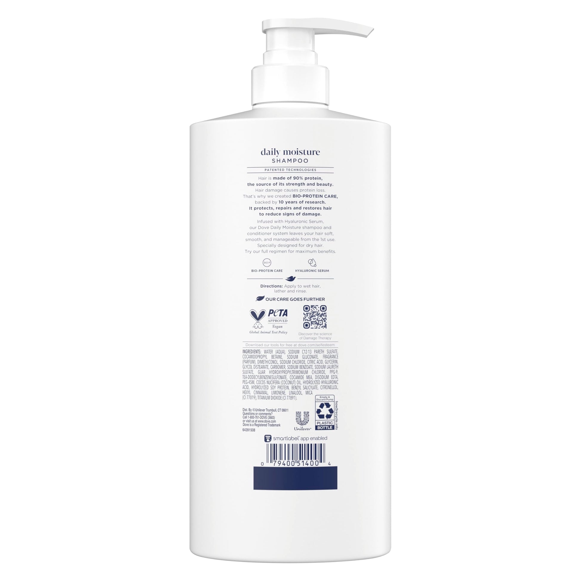Dove daily moisture shampoo twenty eight fluid ounce pump bottle packaging detail