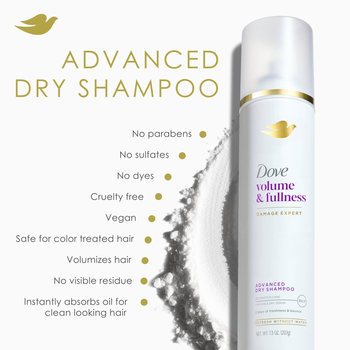 Back label of Dove Advanced dry shampoo showing directions and product features.