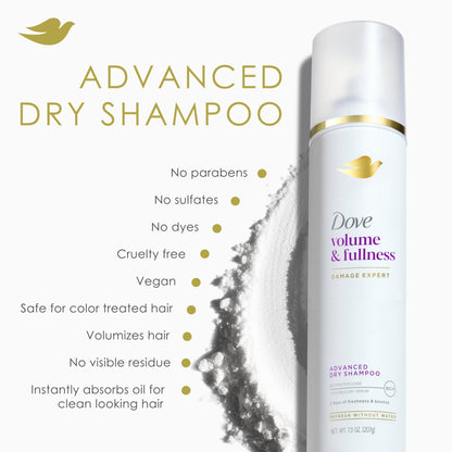 Back label of Dove Advanced dry shampoo showing directions and product features.