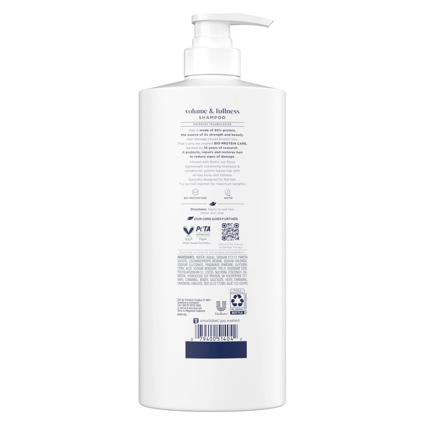 Back label view of imported Dove shampoo with Biotin ingredients list