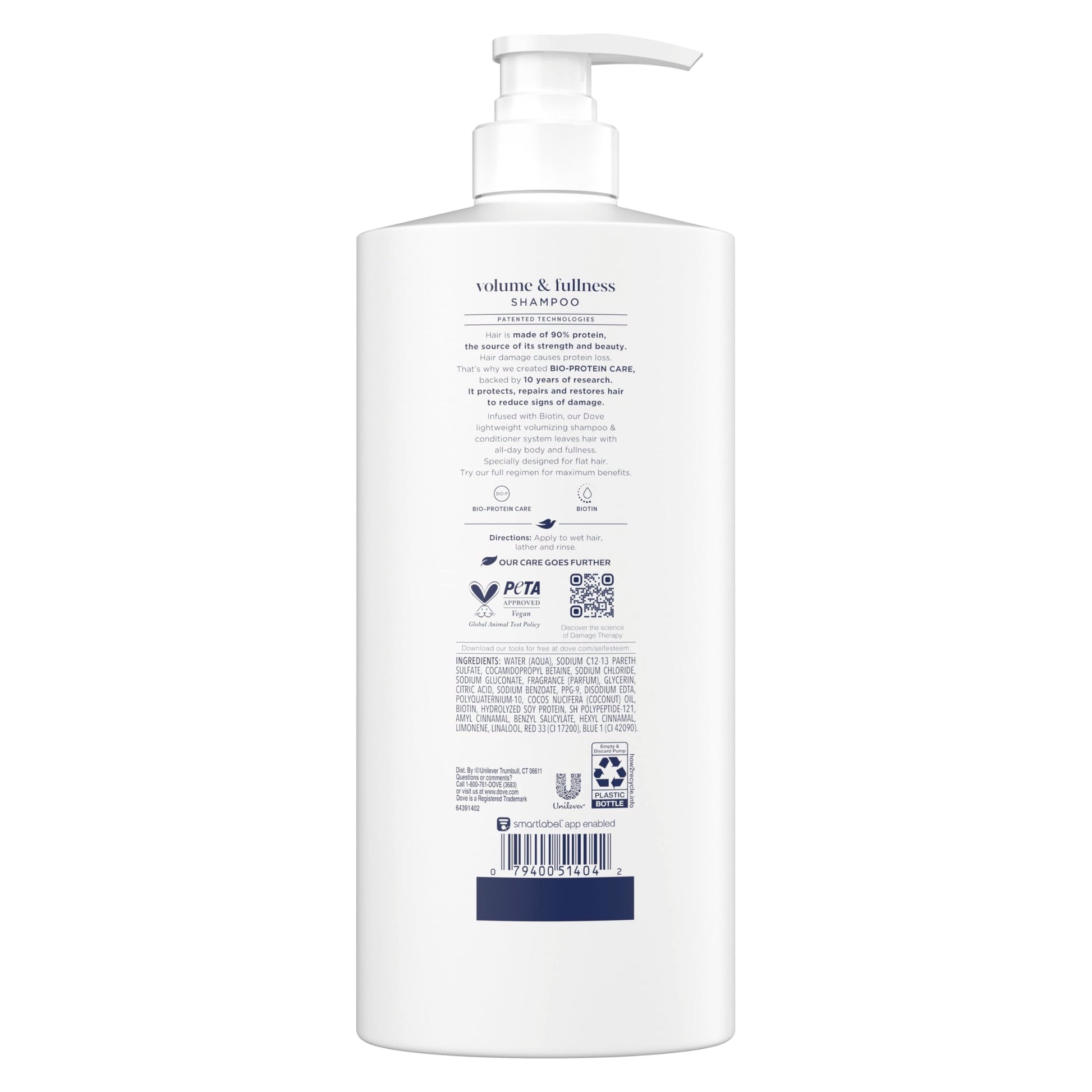 Back label view of imported Dove shampoo with Biotin ingredients list