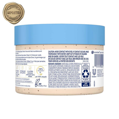 Back label of Dove Macadamia and Rice Milk body polish