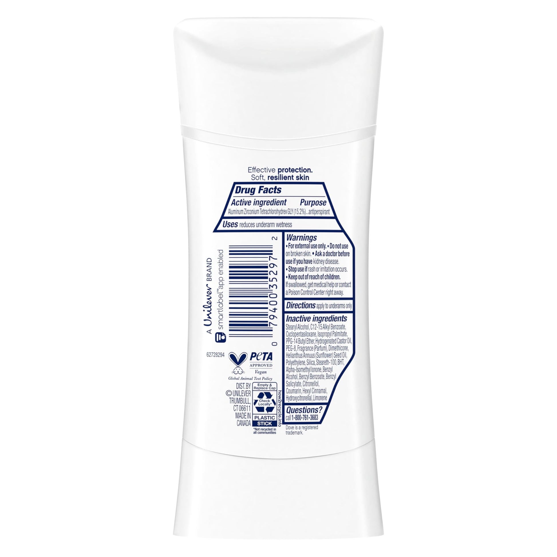 Dove women's 72 hour sweat protection deodorant stick showing cucumber and green tea ingredients visual.