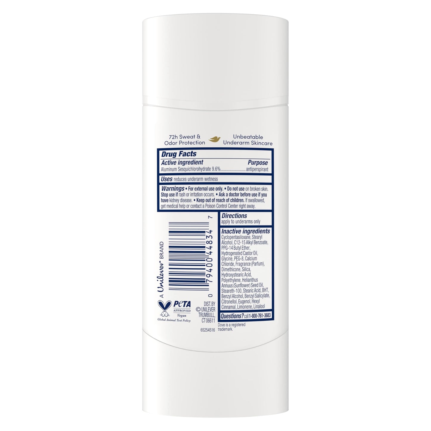 Close up view of the invisible solid stick of Dove Advanced Care Sheer Cool deodorant for women