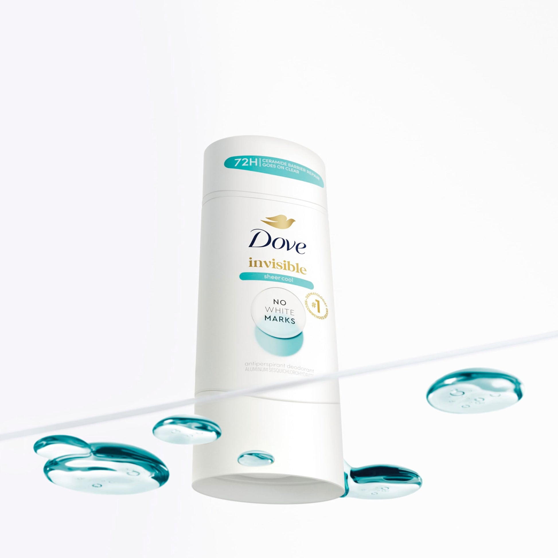 Top angle view of the opened Dove Sheer Cool underarm stick emphasizing its smooth application texture