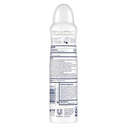 Side angle of the three point eight ounce Dove invisible antiperspirant spray canister