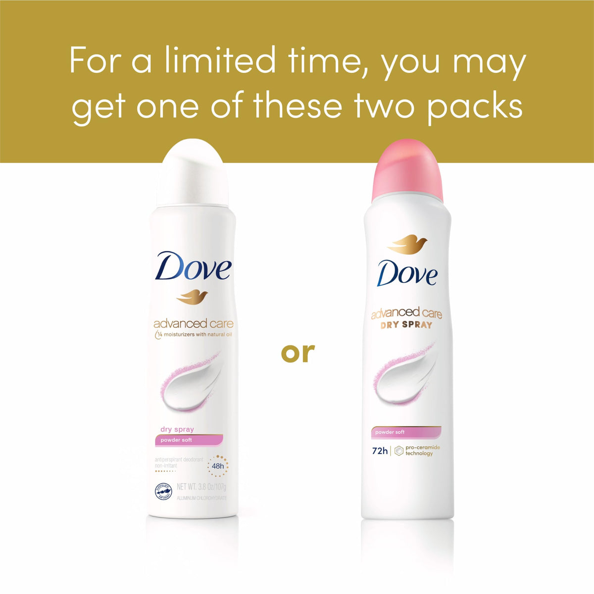 Detailed shot of Dove dry spray branding and pro ceramide technology text