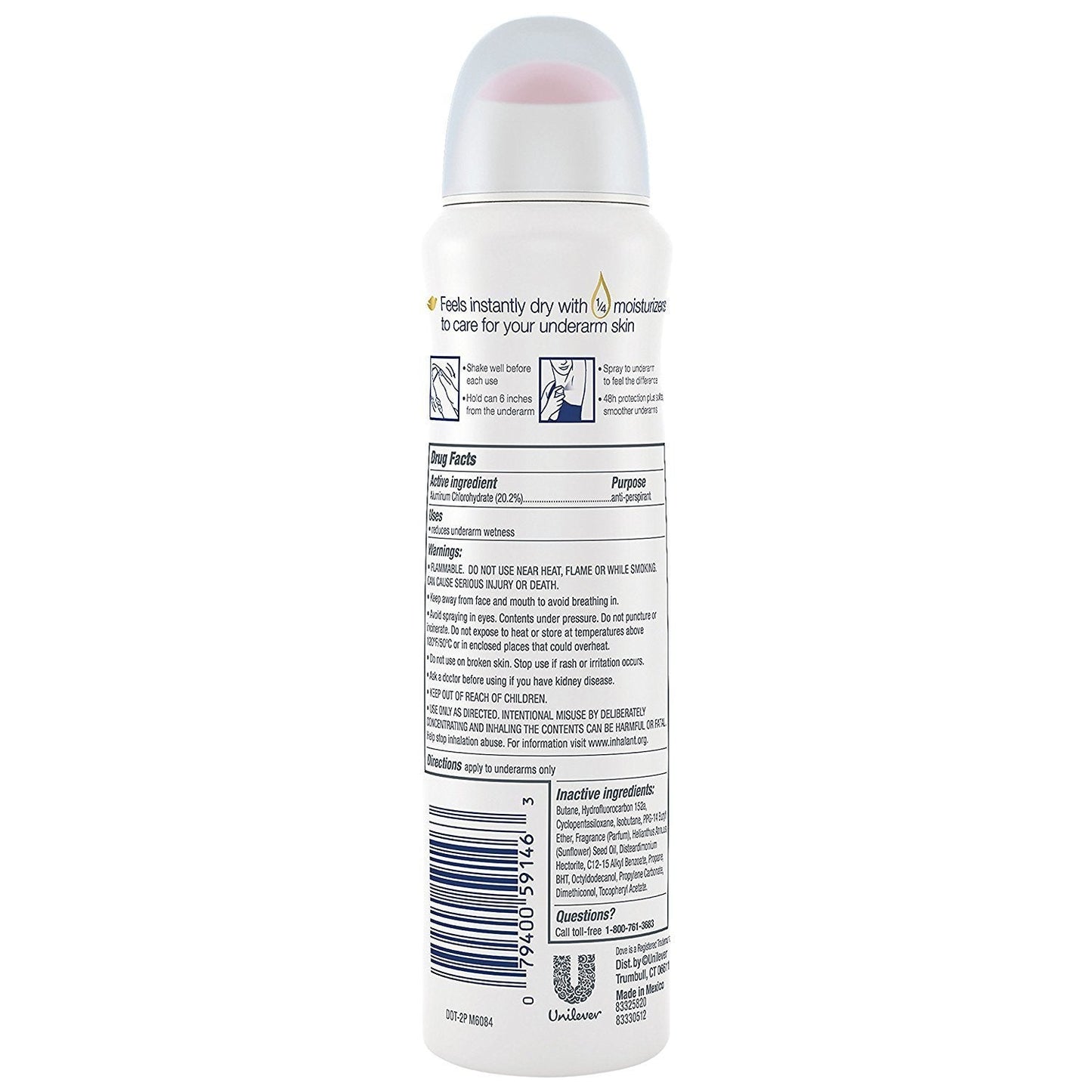 Dove Antiperspirant Dry Spray 3.8 ounce can label details