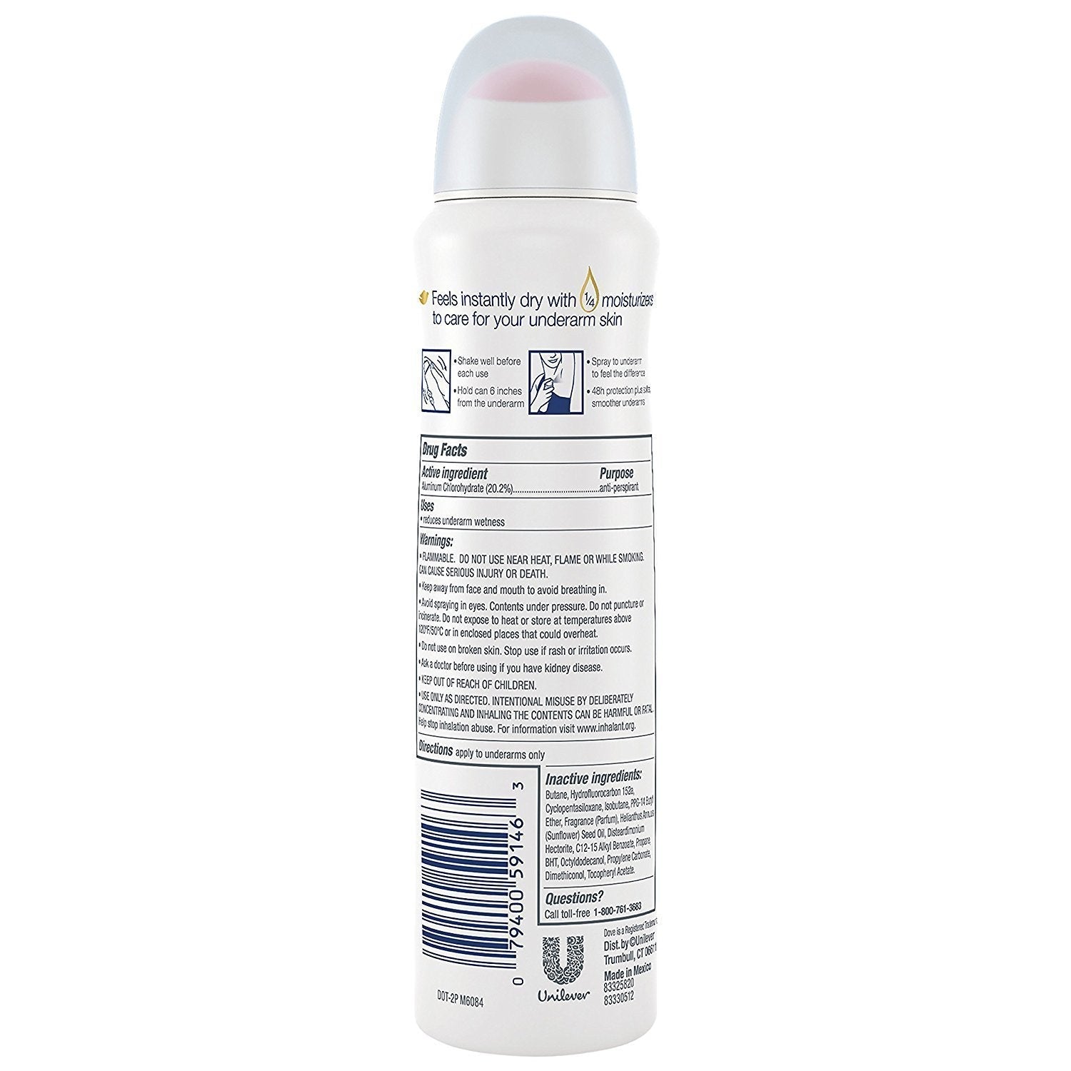 Dove Antiperspirant Dry Spray 3.8 ounce can label details