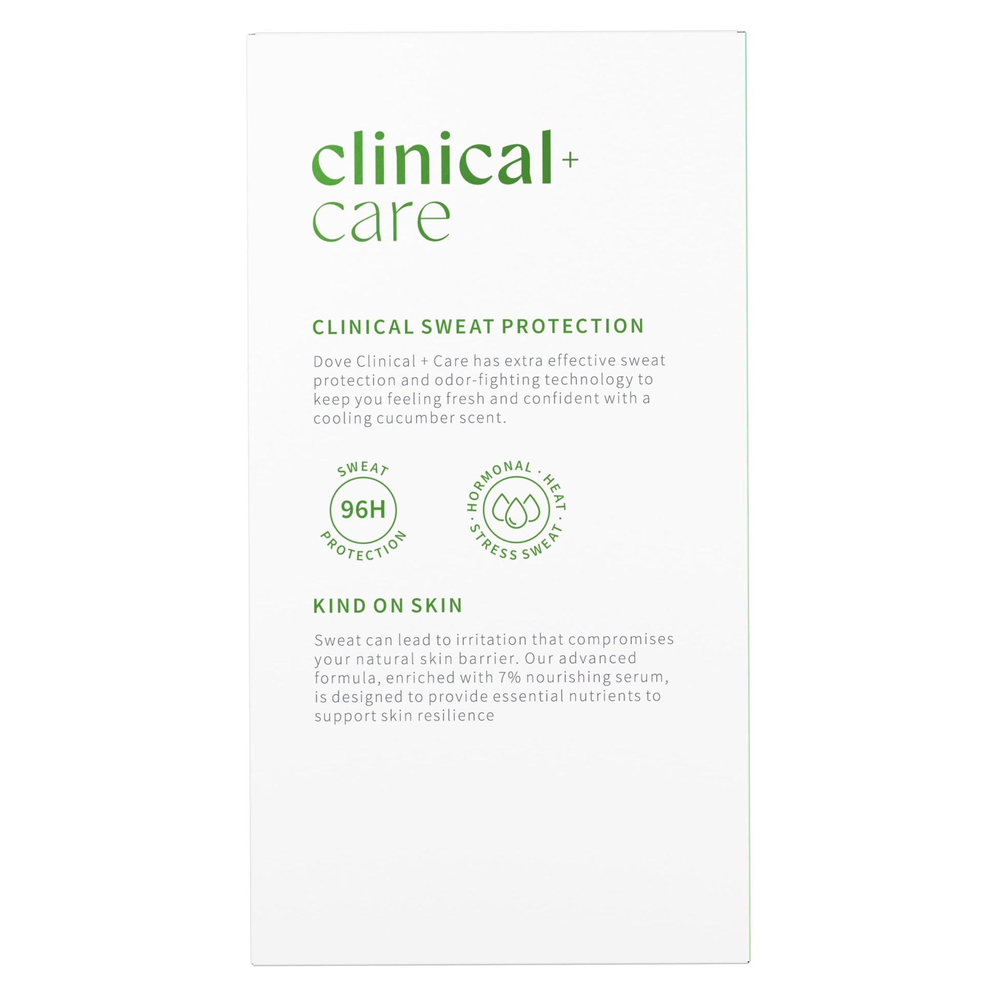 Dove clinical strength deodorant packaging showing cucumber and green tea details