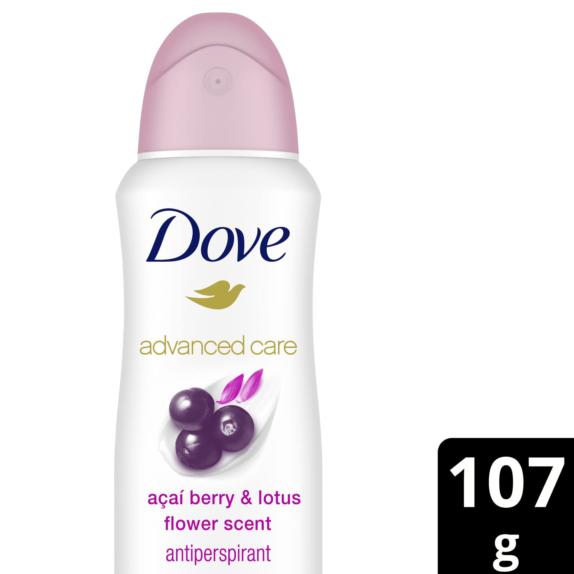 Close up of Dove dry spray can with acai berry and lotus flower design