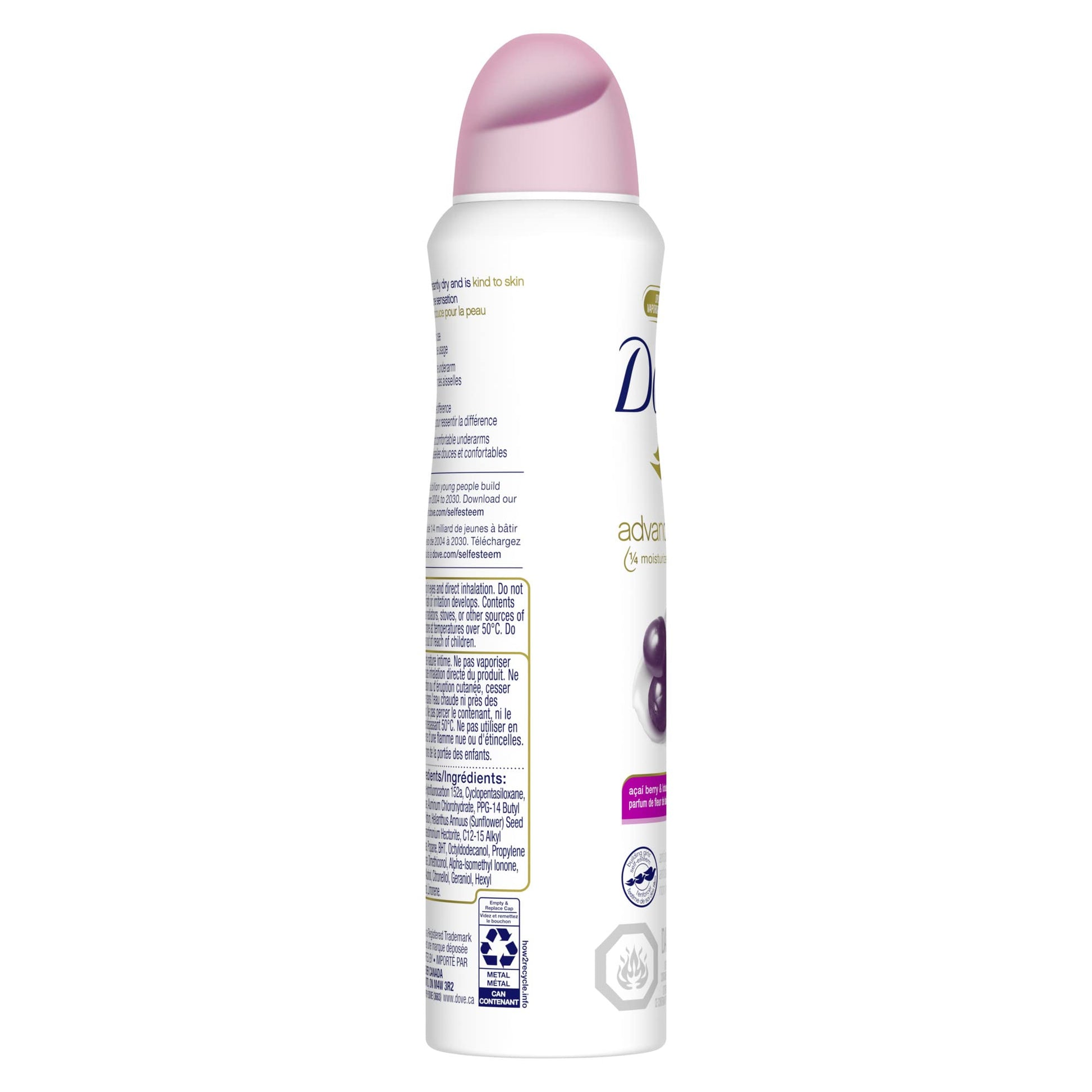 Back of Dove Advanced Care spray bottle showing ingredients and instructions