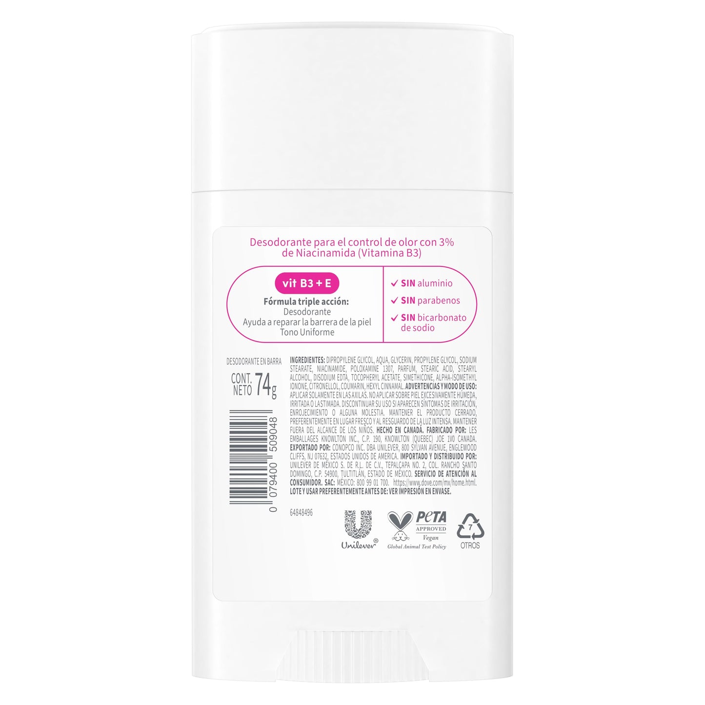 Back of Dove VitaminCare+ deodorant stick with ingredient list
