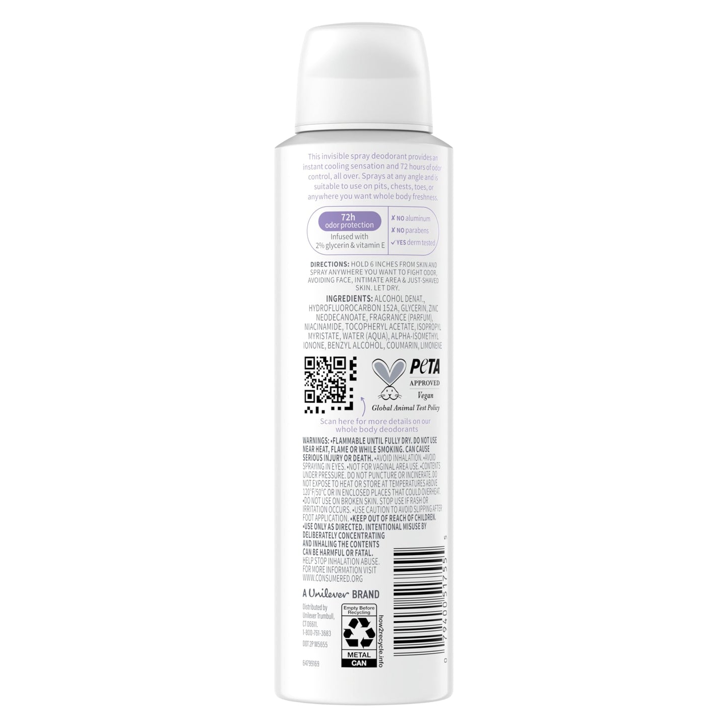 Dove Whole Body Deo Spray showing 72-hour odor control label