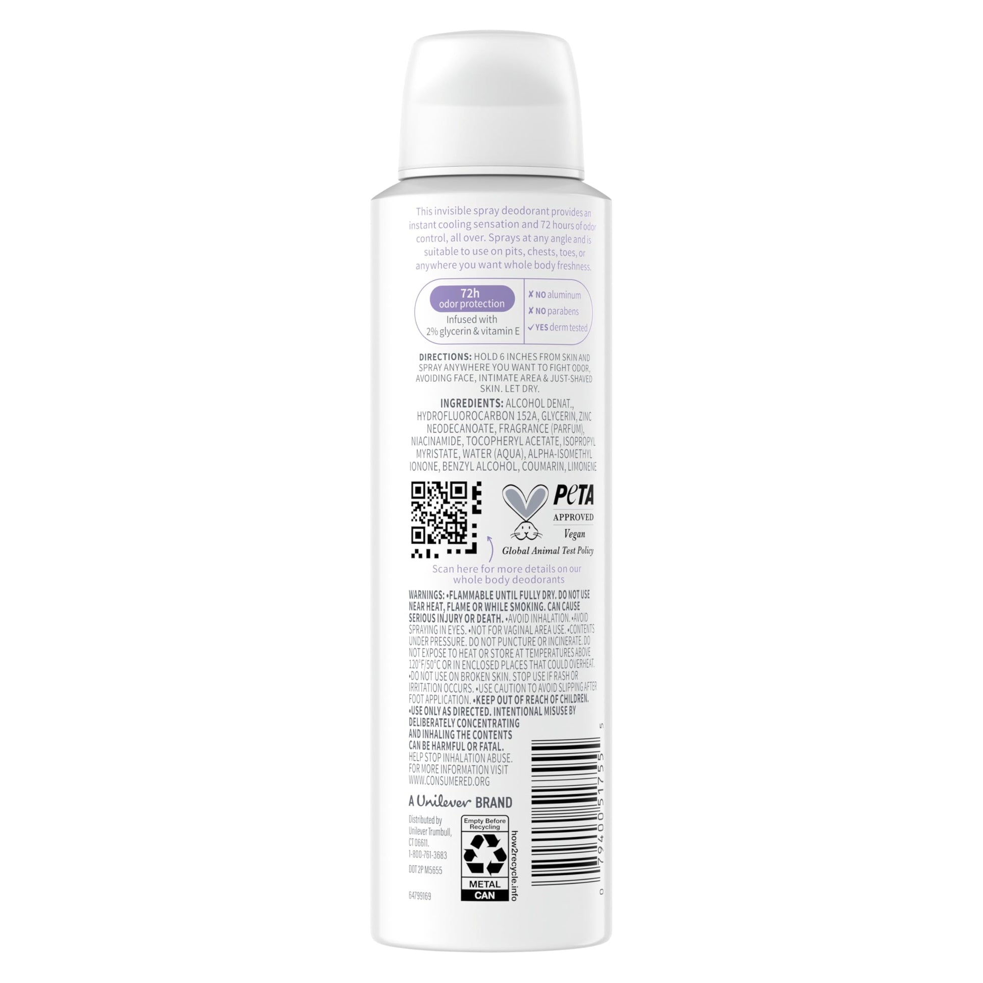 Dove Whole Body Deo Spray showing 72-hour odor control label