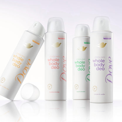 Back view of Dove Whole Body Deodorant Spray with ingredient list