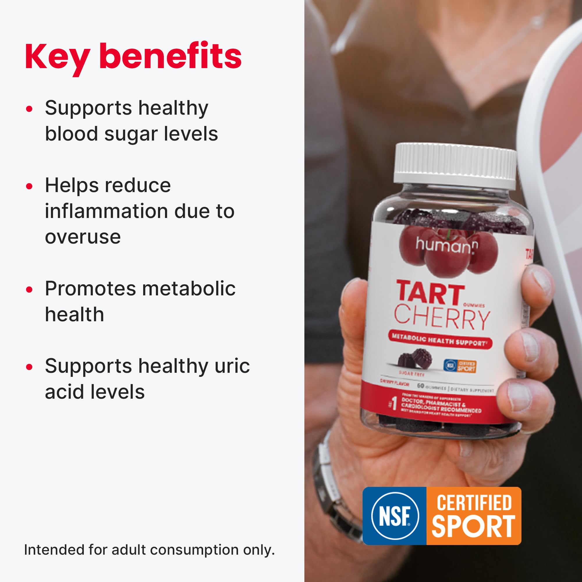 HumanN Tart Cherry Gummies label highlighting sugar-free vegan formula