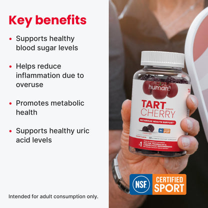 HumanN Tart Cherry Gummies label highlighting sugar-free vegan formula