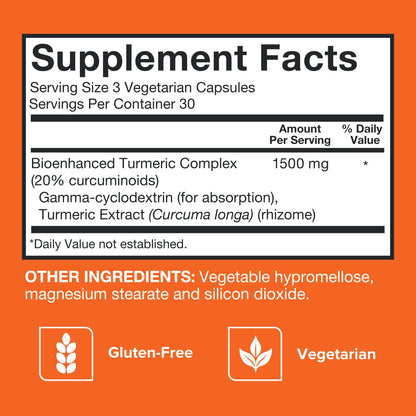 Back label of hydro-soluble extra strength turmeric dietary supplement detailing capsule serving facts