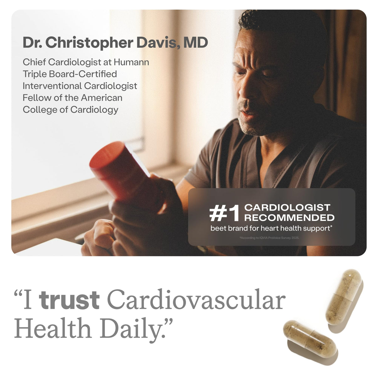 HumanN Cardiovascular Health Daily capsules close up on dietary details