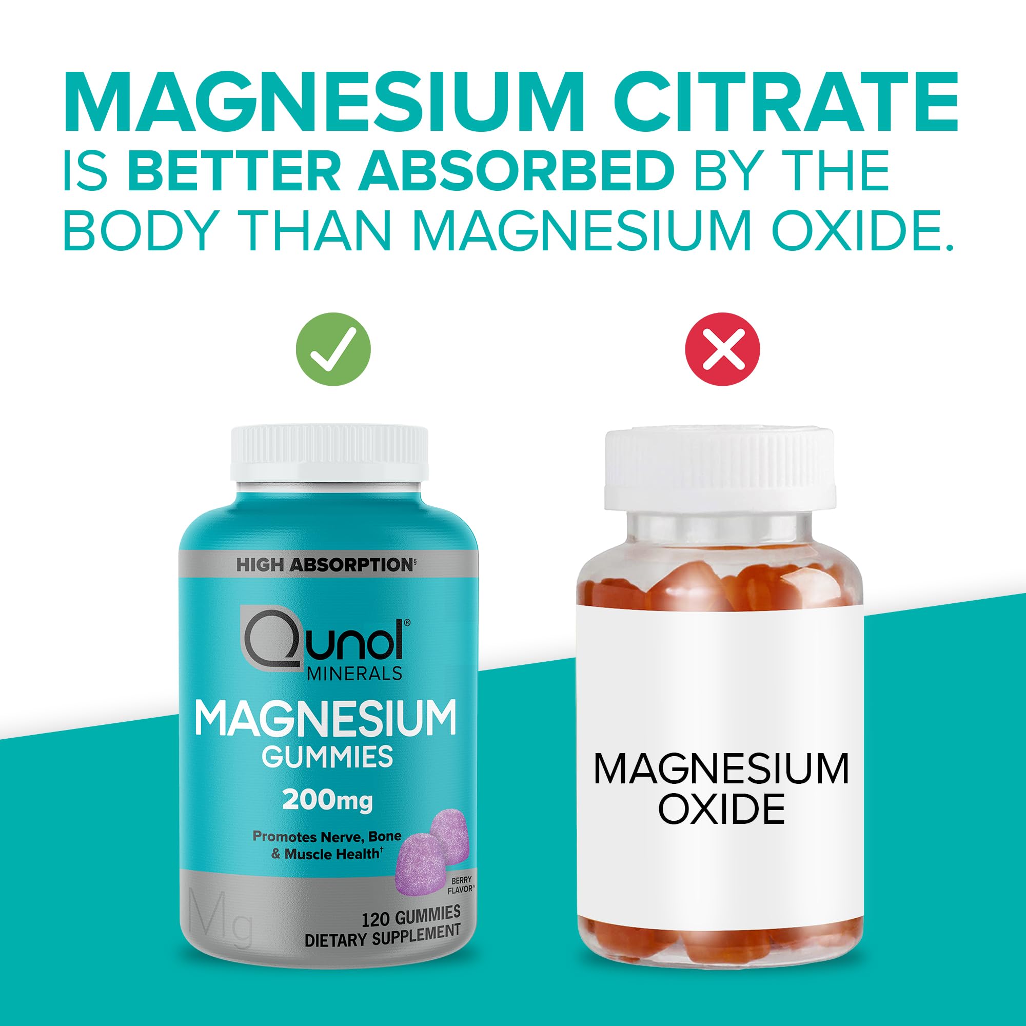 Gluten free vegetarian chewable magnesium gummies by Qunol for adult daily wellness.