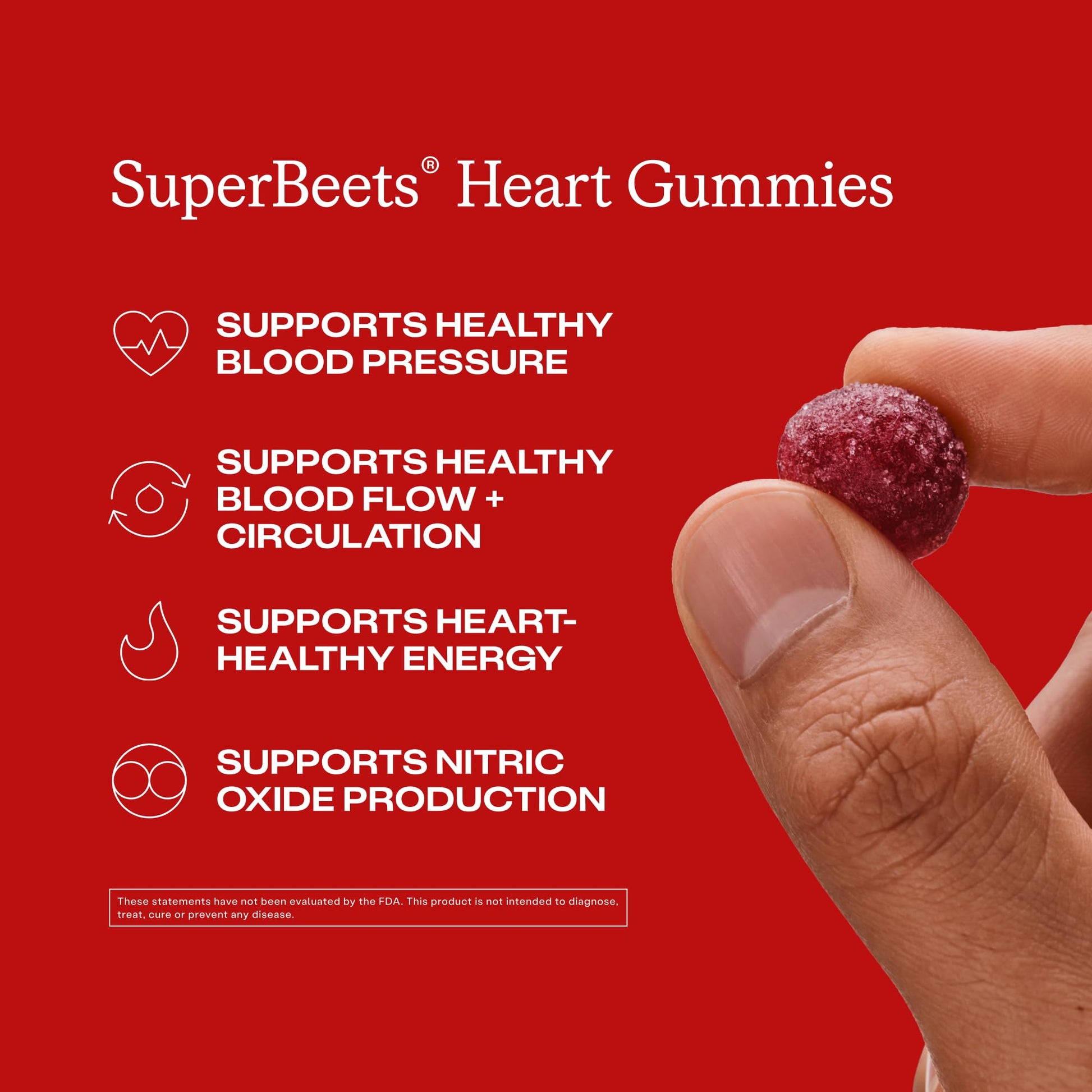 Side view of HumanN SuperBeets strawberry flavored heart gummies