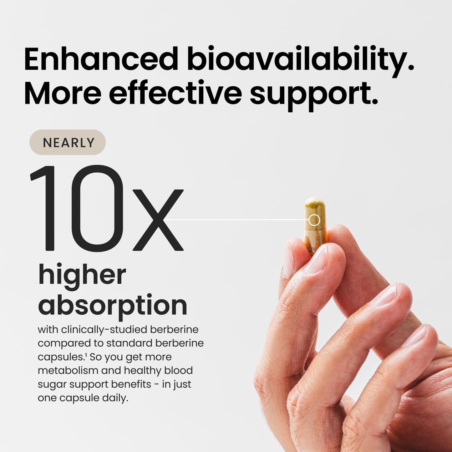 Back label of HumanN SuperBerine capsule bottle detailing the berberine phytosome complex and olive fruit extract ingredients.