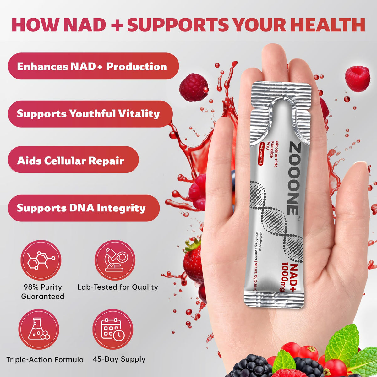 Zooone NAD+ supplement ingredient highlights and panel