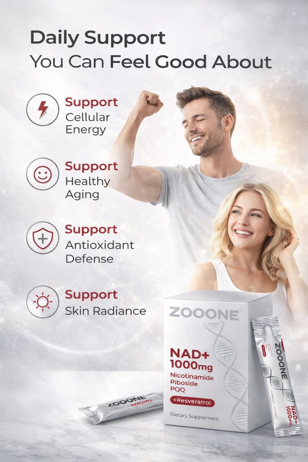 Zooone NAD+ cellular health supplement branding display