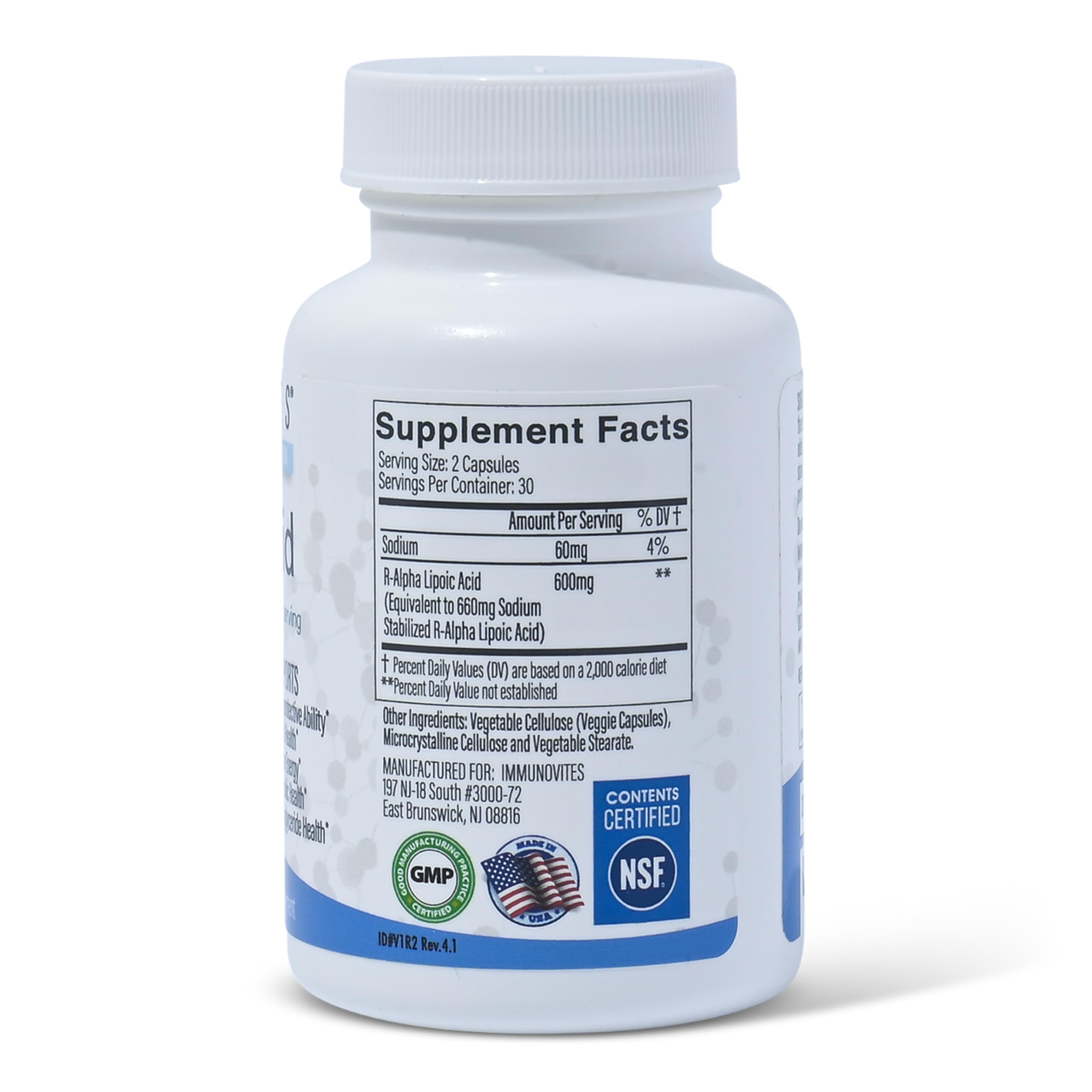 Immunovites R-ALA 600mg supplement facts label