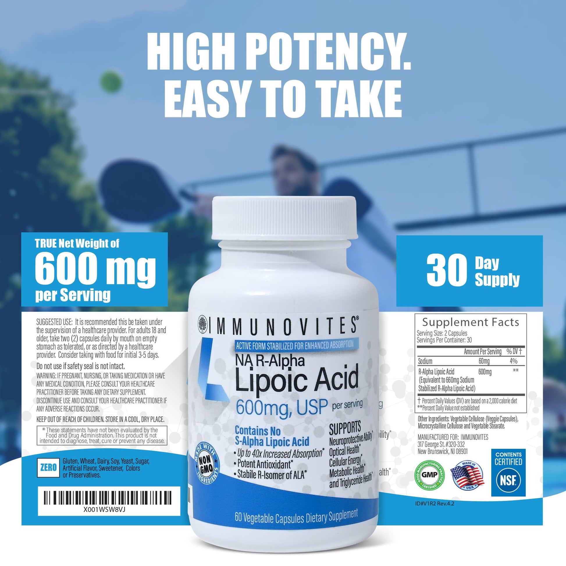 Close up of Immunovites R-Alpha Lipoic Acid capsules