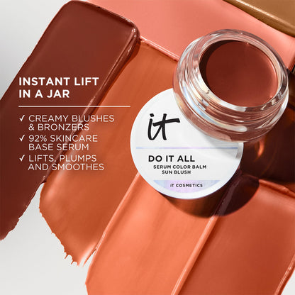 Hydrating solid serum cream blush by IT Cosmetics for a luminous sun-kissed makeup look.