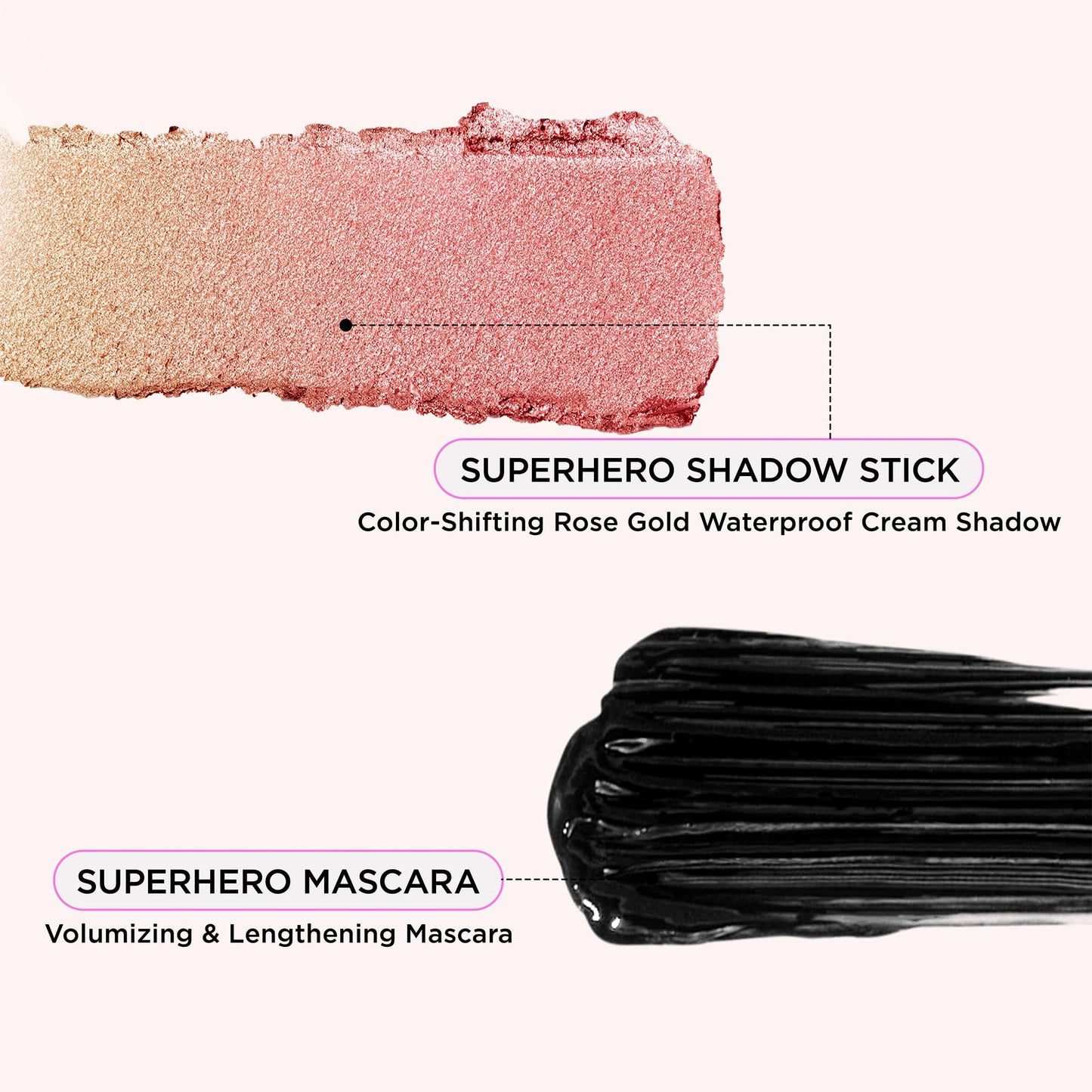 IT Cosmetics Superhero No-Tug Waterproof Eyeshadow Stick in Glimmering Rose shade next to its packaging.