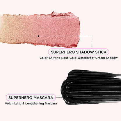 IT Cosmetics Superhero No-Tug Waterproof Eyeshadow Stick in Glimmering Rose shade next to its packaging.
