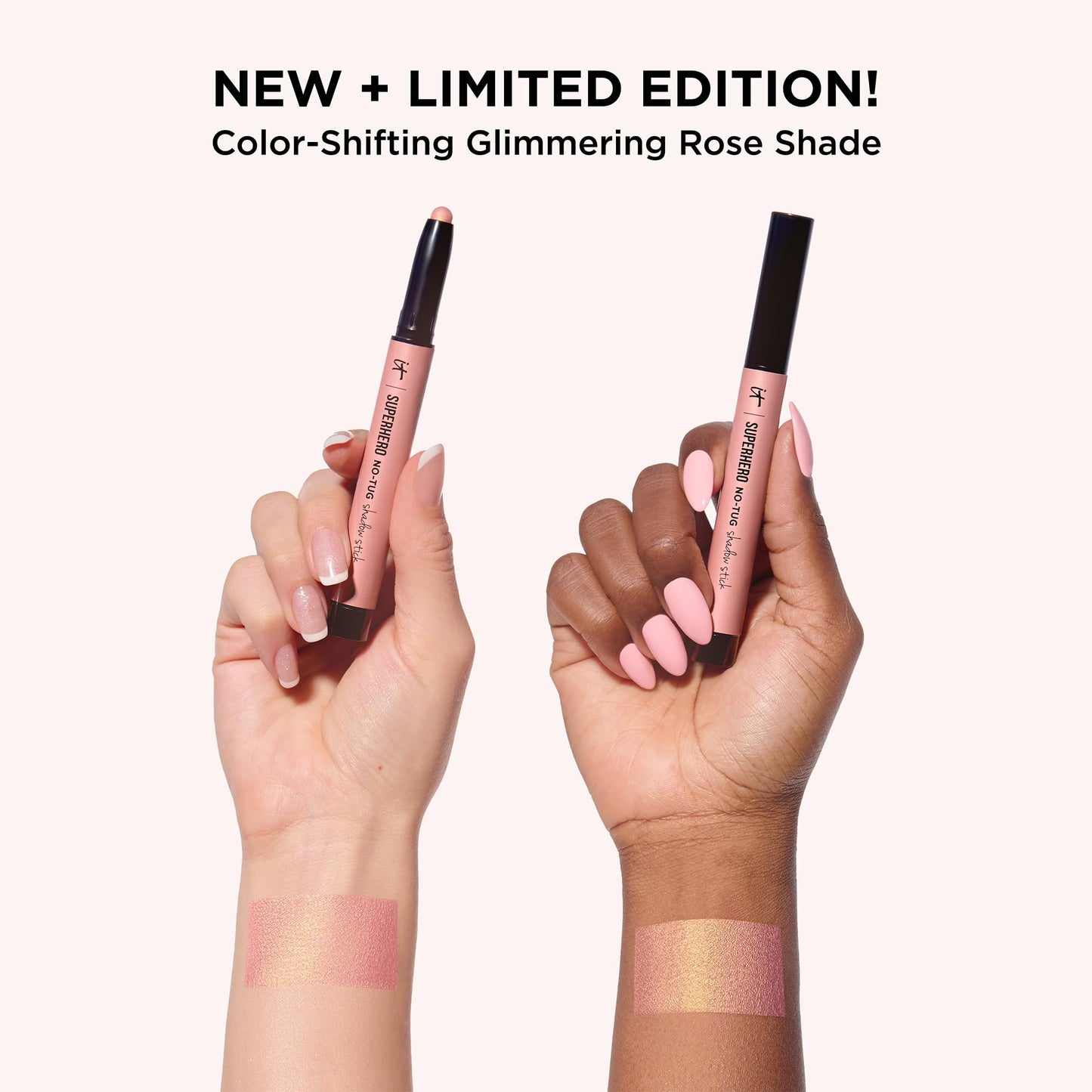 Swatches of the shimmering rose gold eyeshadow stick and deep black volumizing mascara on skin.