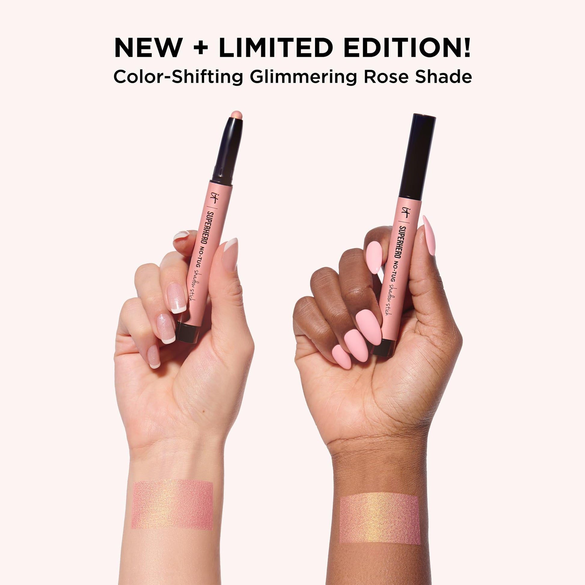 Swatches of the shimmering rose gold eyeshadow stick and deep black volumizing mascara on skin.