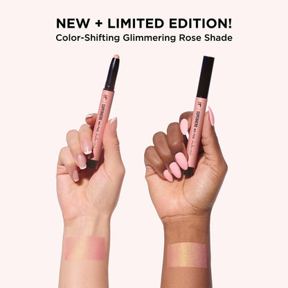 Swatches of the shimmering rose gold eyeshadow stick and deep black volumizing mascara on skin.