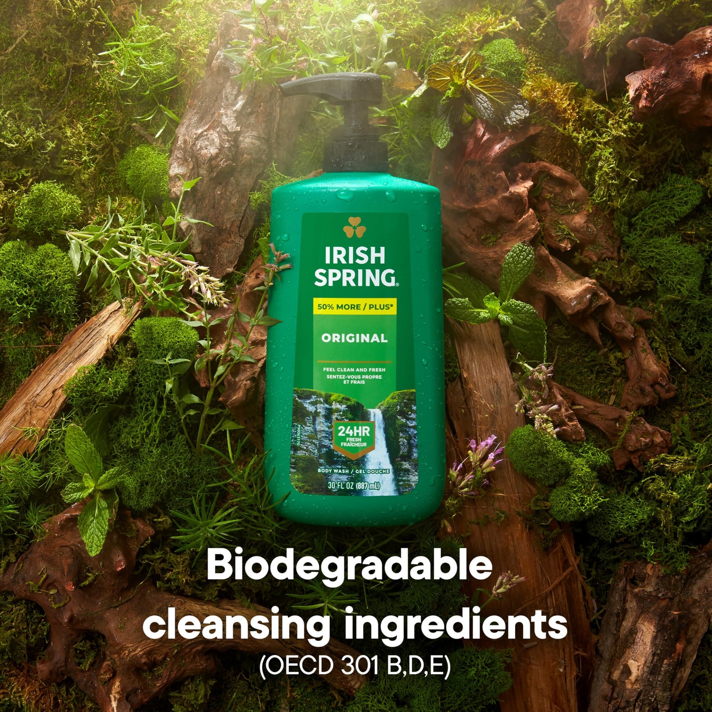 Side view of Irish Spring 30 fluid ounce pump bottle