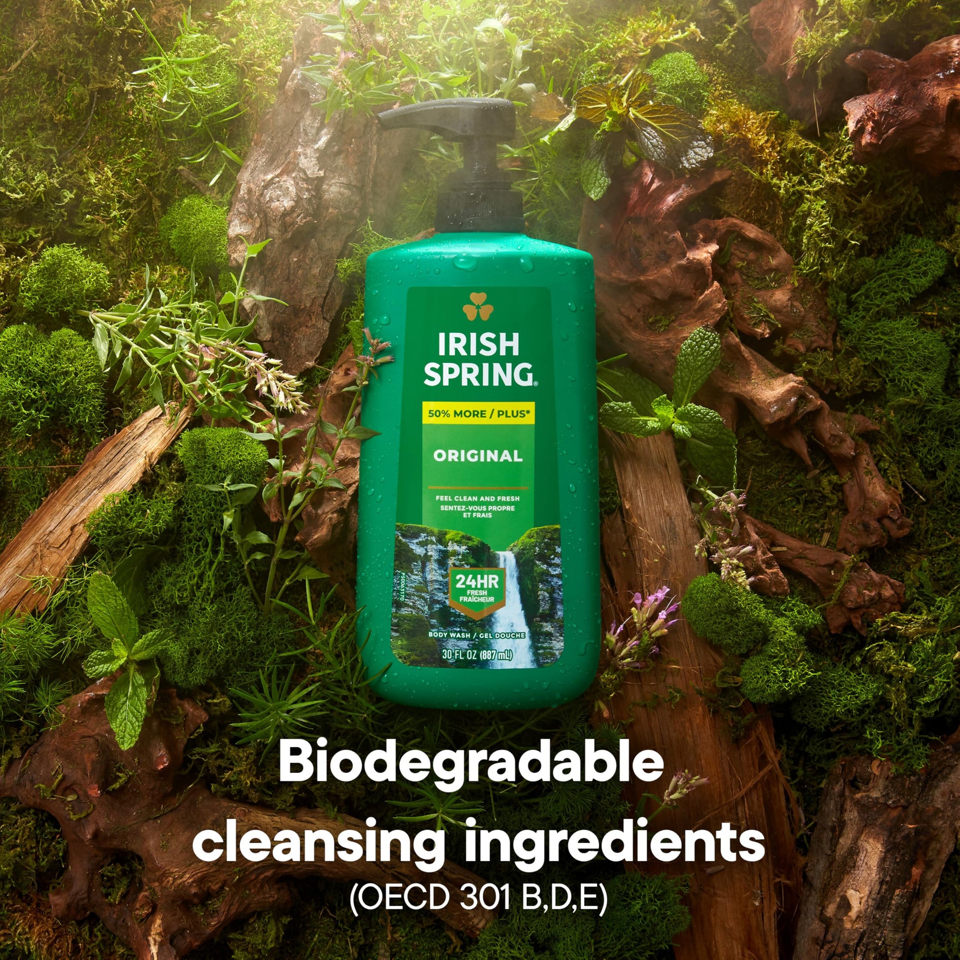 Side view of Irish Spring 30 fluid ounce pump bottle