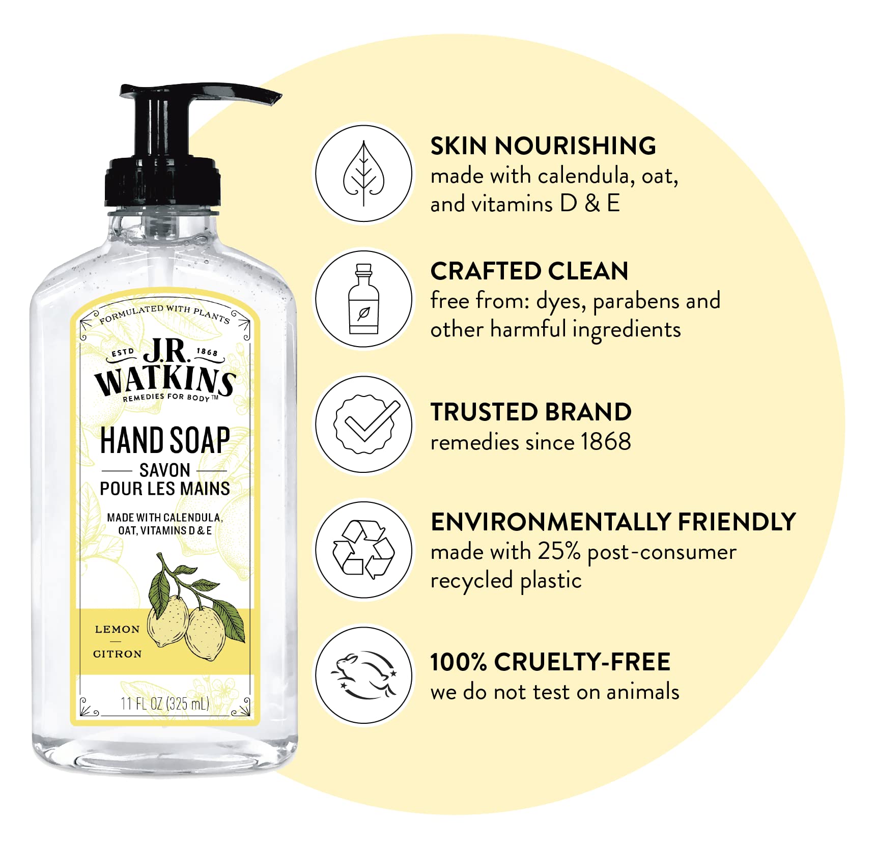 Three bottles of J.R. Watkins Lemon hand soap with pumps