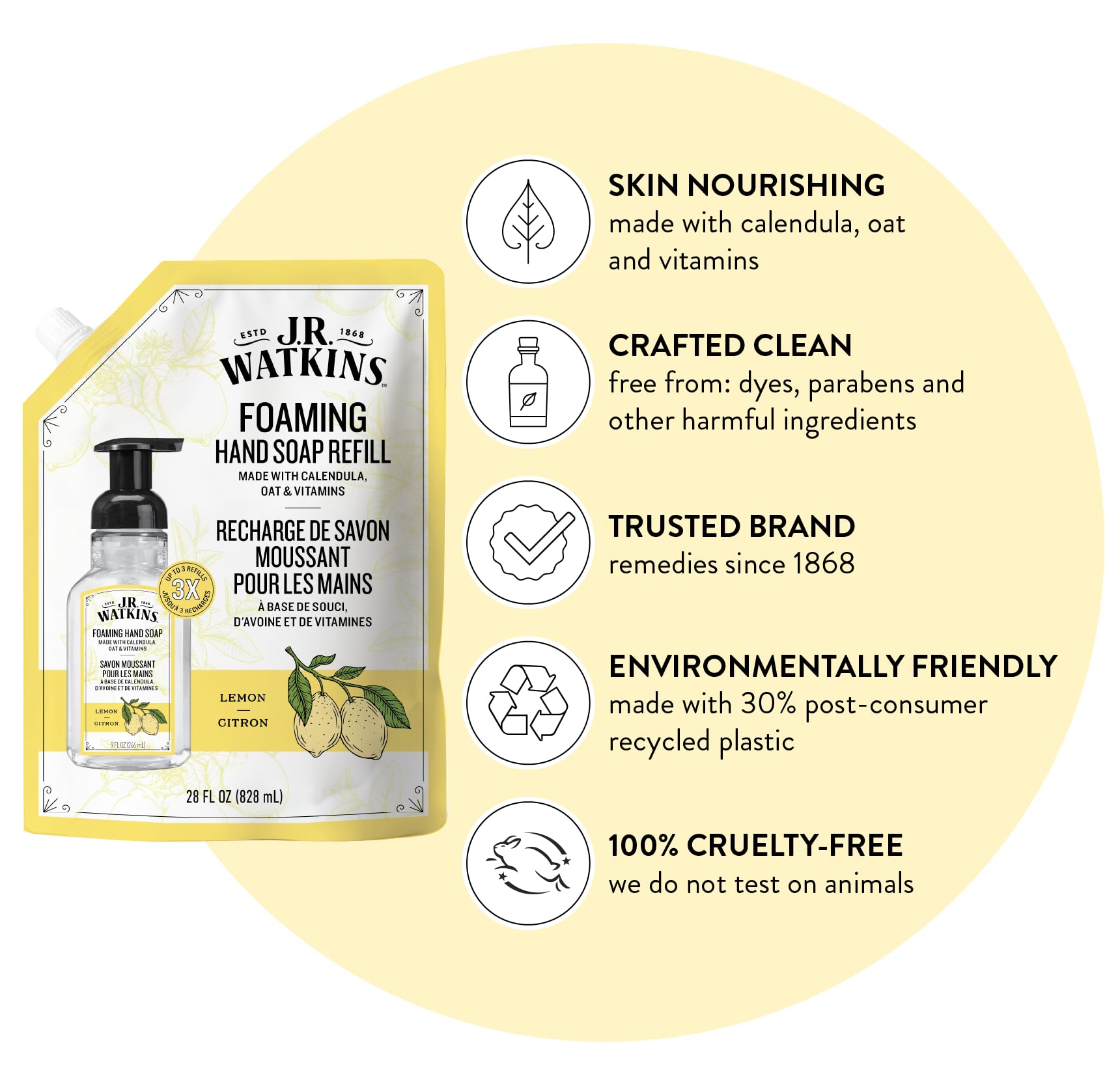 J.R. Watkins Lemon scent foaming hand wash refill pouch