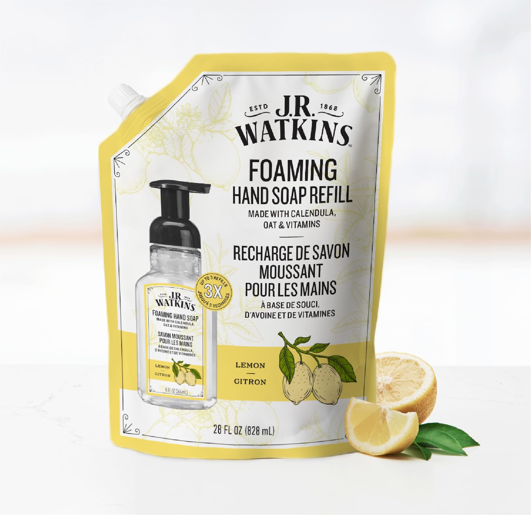 Back of J.R. Watkins hand soap refill showing ingredients