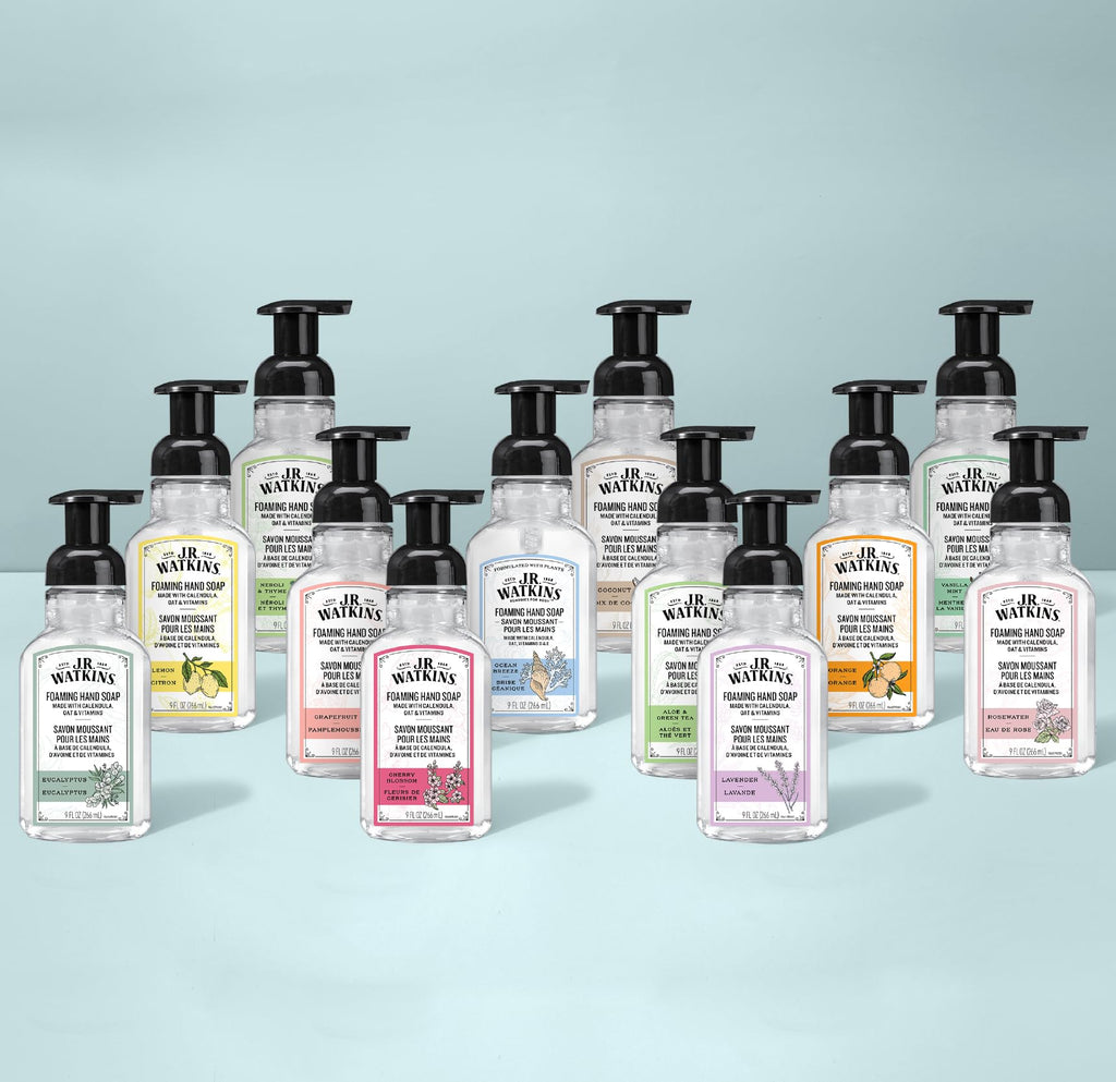 J.R. Watkins citrus scented hand soap lifestyle bathroom setup