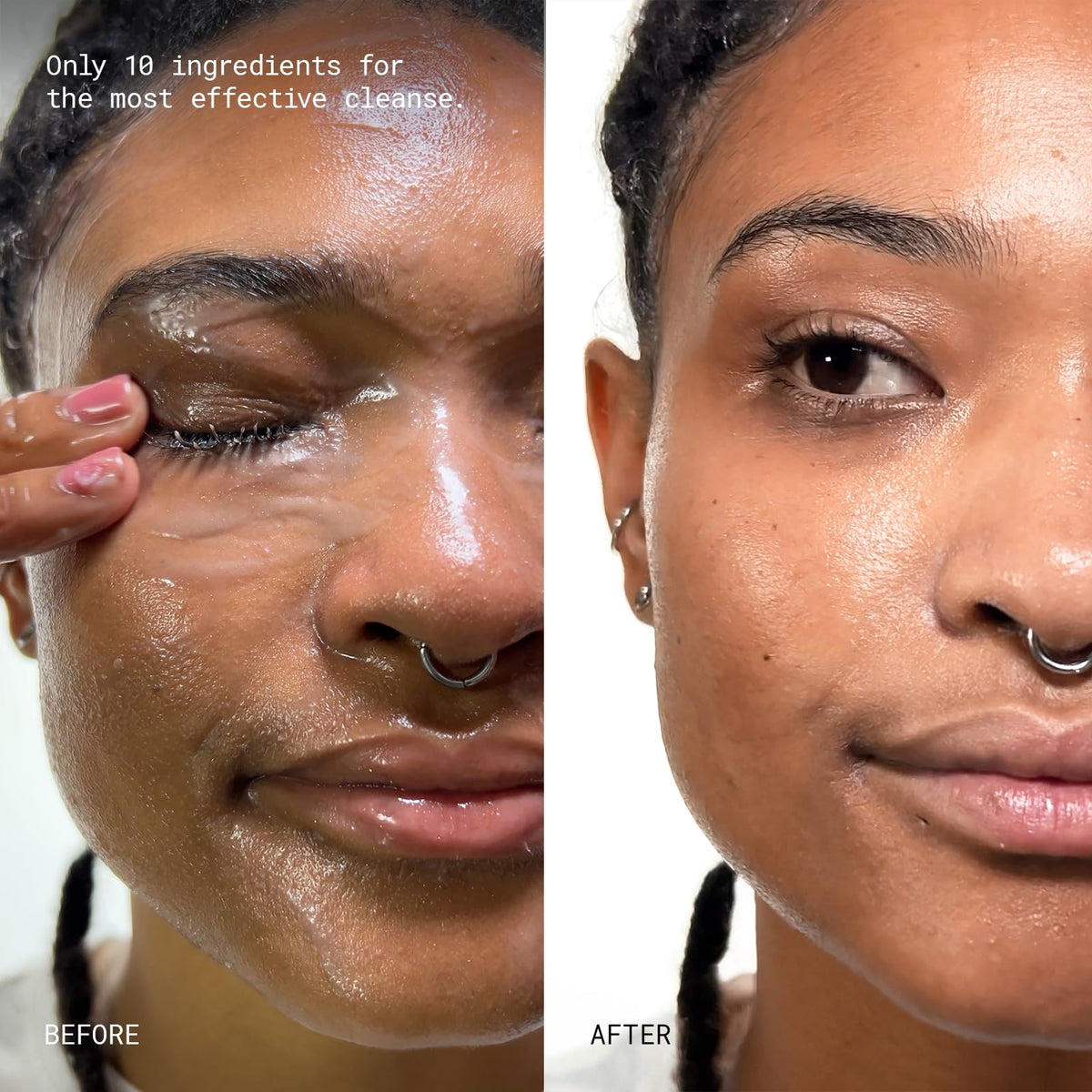Juno And Co Clean 10 Cleansing Balm demonstrating the oil transformation on skin during makeup removal.