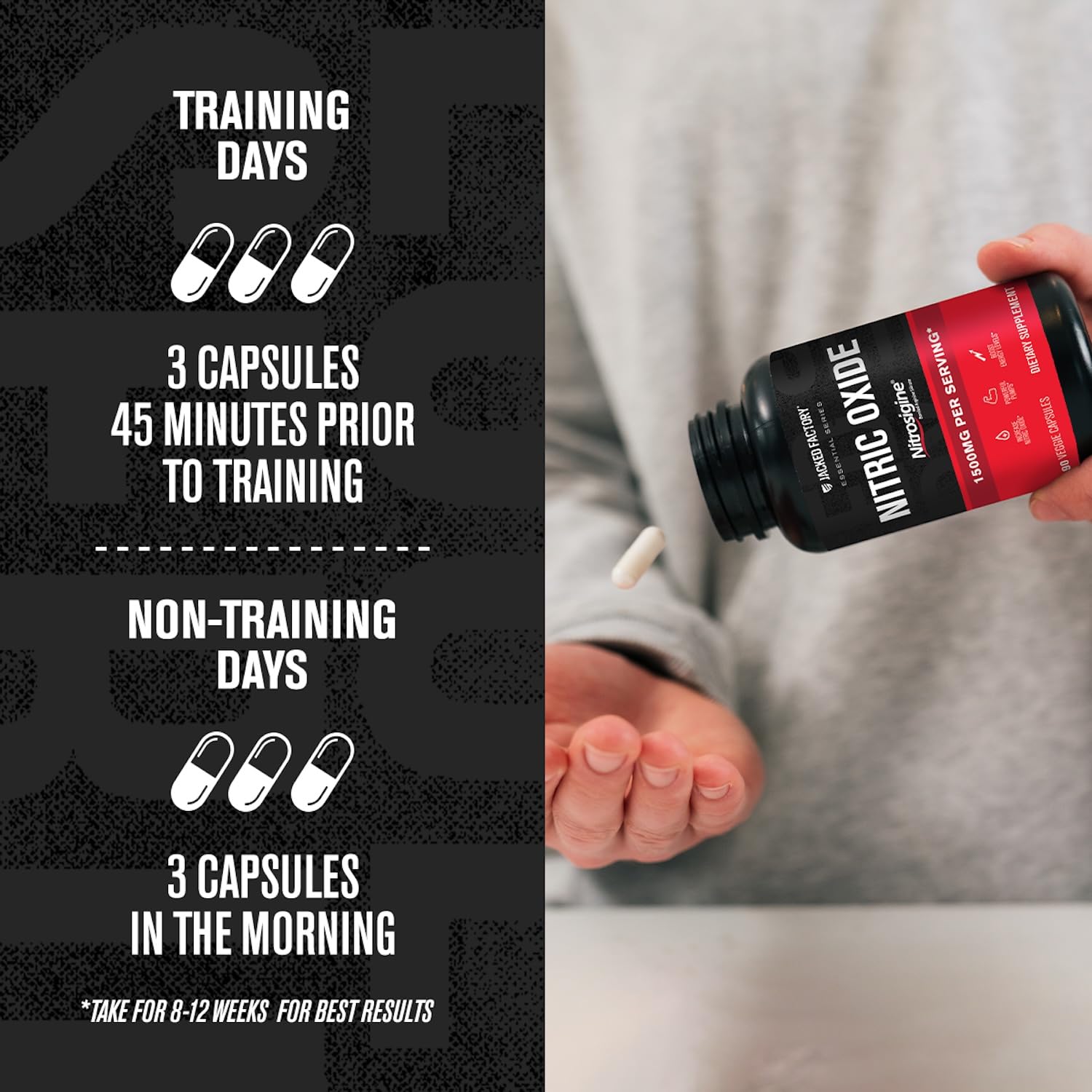 Premium muscle pump supplement capsules from Jacked Factory Essentials series showing product details