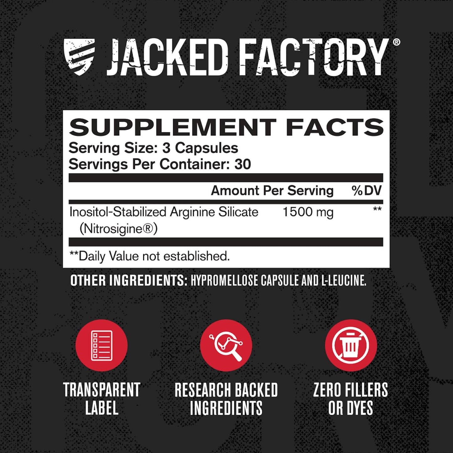 Side view of Jacked Factory Nitric Oxide Booster highlighting inositol-stabilized arginine silicate content