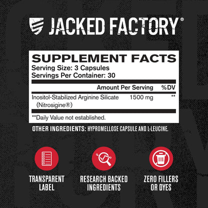 Side view of Jacked Factory Nitric Oxide Booster highlighting inositol-stabilized arginine silicate content