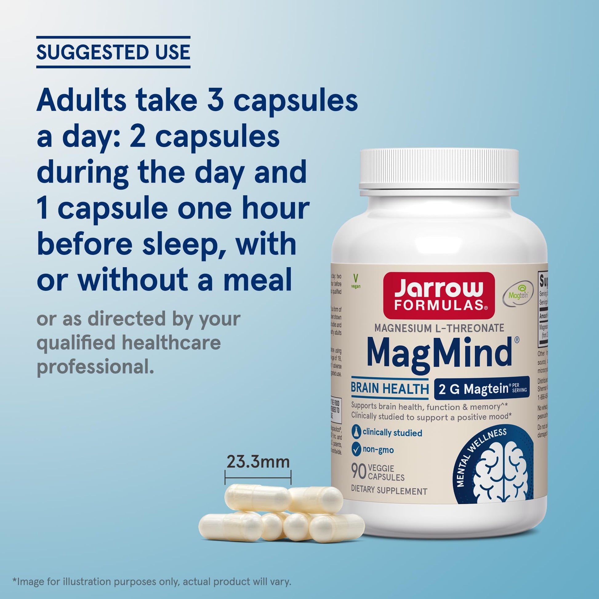 Vegan non GMO Jarrow Formulas MagMind vegetarian capsules close up layout