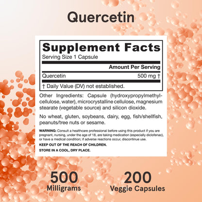 Jarrow Formulas Quercetin capsules displayed next to its original amber glass bottle container packaging