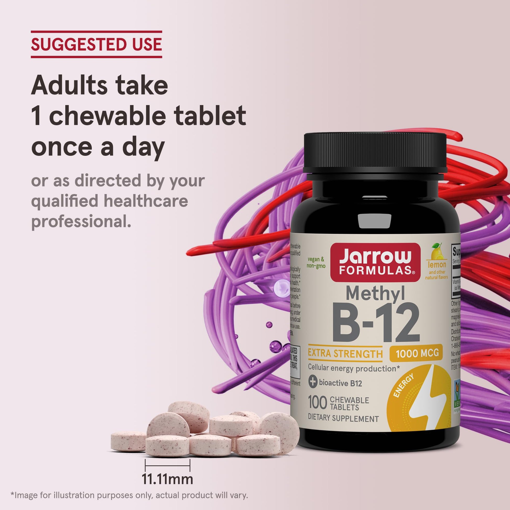 Side layout of Jarrow Formulas methyl B12 bottle detailing the 100 count chewable tablets content information